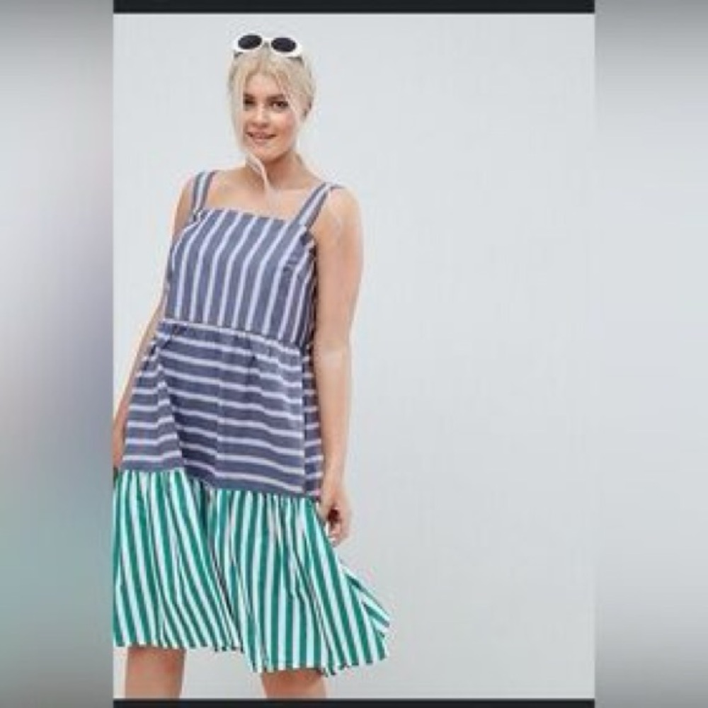 ASOS Striped Cotton Tiered Sun Dress in Navy, Purple, Red & Green
